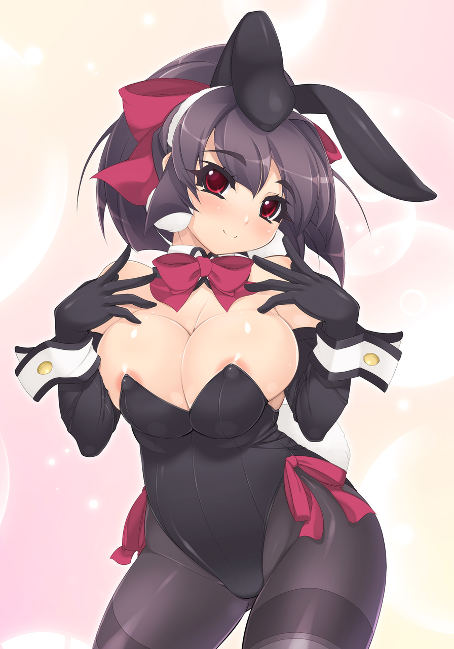 animal_ears areola_slip areolae bare_shoulders breasts bunny_ears bunnysuit bursting_breasts cleavage covered_nipples highres hips huge_breasts mel/a original pantyhose red_eyes saionji_mikoto solo tail thighband_pantyhose wide_hips wrist_cuffs