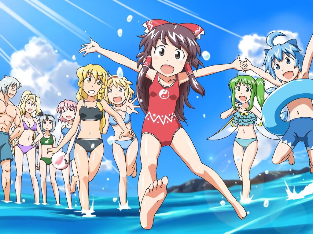 6+girls alice_margatroid arms_up barefoot beach bikini blonde_hair blue_eyes blue_hair braid brown_eyes brown_hair cirno daiyousei derivative_work hakurei_reimu kirisame_marisa konpaku_youmu long_hair mannosuke morichika_rinnosuke multiple_girls outstretched_arms parody pink_hair ponytail saigyouji_yuyuko shinryaku!_ikamusume shirosato short_hair silver_hair spread_arms swimsuit touhou yakumo_yukari yellow_eyes younger