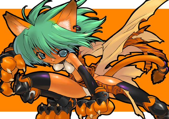 animal_ears animal_print aqua_eyes blade_(galaxist) cat_ears cham_cham earrings gloves green_hair jewelry paw_gloves paw_shoes paws pose samurai_spirits shoes short_hair snk solo tail thighhighs tiger_print