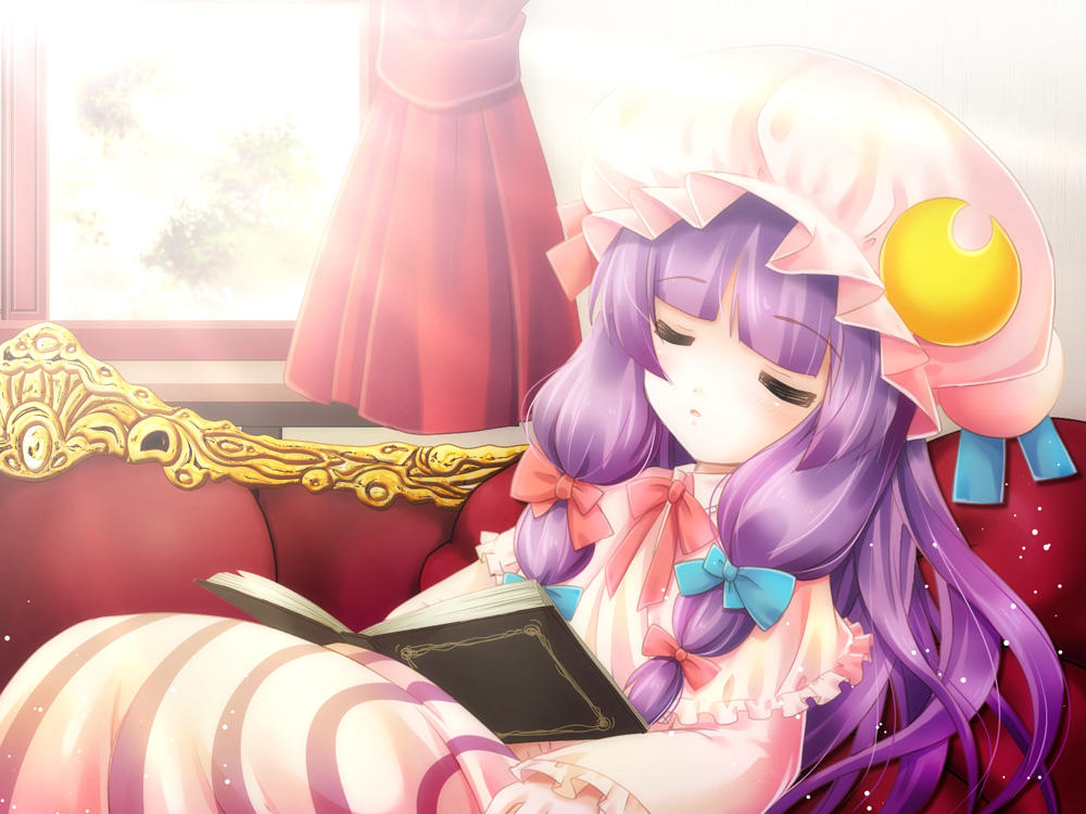 book bow closed_eyes couch crescent curtains hair_bow hat light_rays long_hair patchouli_knowledge purple_hair sleeping solo sunbeam sunlight touhou tsukasaki_aoi window