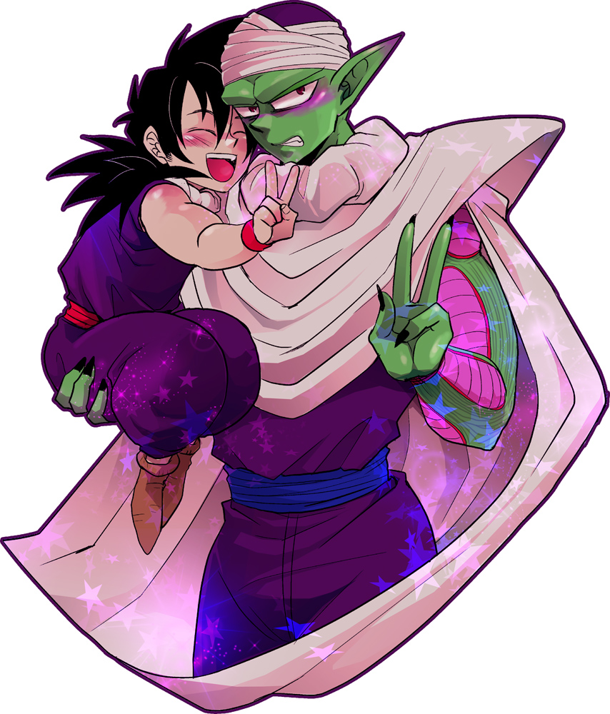 angry black_hair boy cape dragon_ball fang green_skin open_mouth piccolo pointy_ears simple_background smile son_gohan star uniform v