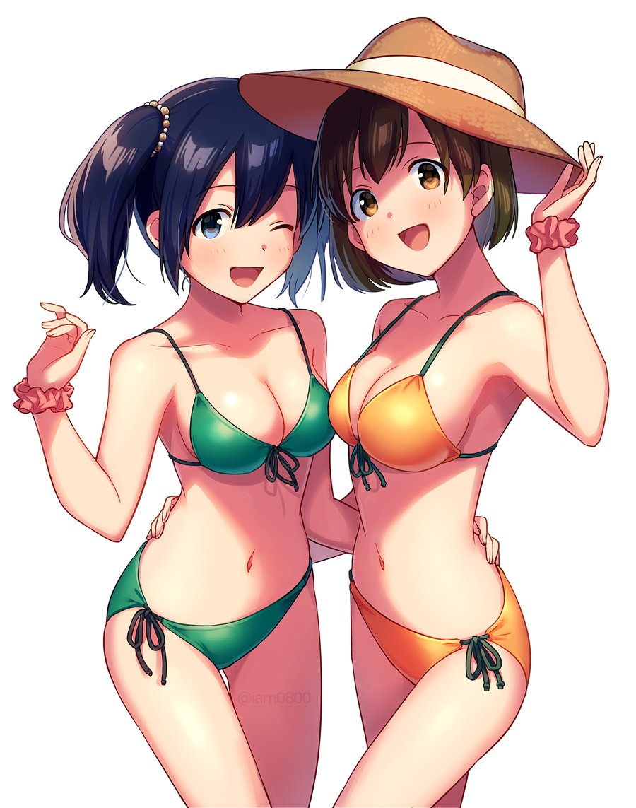 2girls :d ;d aqua_bikini arm_around_waist bangs bare_shoulders bikini black_ribbon blue_eyes blue_hair breasts brown_hair brown_hat cleavage collarbone cowboy_shot dark_blue_hair eyebrows_visible_through_hair facing_another fingernails front-tie_bikini front-tie_top green_ribbon hand_on_headwear hand_up hat head_tilt hiryuu_(kantai_collection) kantai_collection looking_at_viewer medium_breasts multiple_girls navel one_eye_closed open_mouth orange_bikini orange_eyes pink_scrunchie ribbon sayshownen scrunchie short_hair side-tie_bikini simple_background smile souryuu_(kantai_collection) stomach sun_hat swimsuit thighs twintails twitter_username white_background wrist_scrunchie