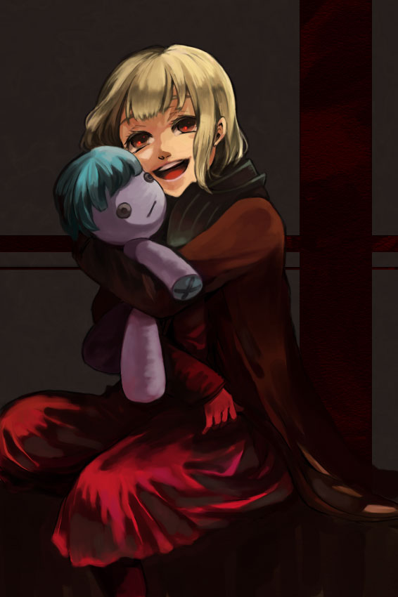1girl blonde_hair cape child commentary_request drag-on_dragoon drag-on_dragoon_1 dress gloves holding manah open_mouth red_dress red_eyes sasatsuki short_hair smile solo stuffed_toy