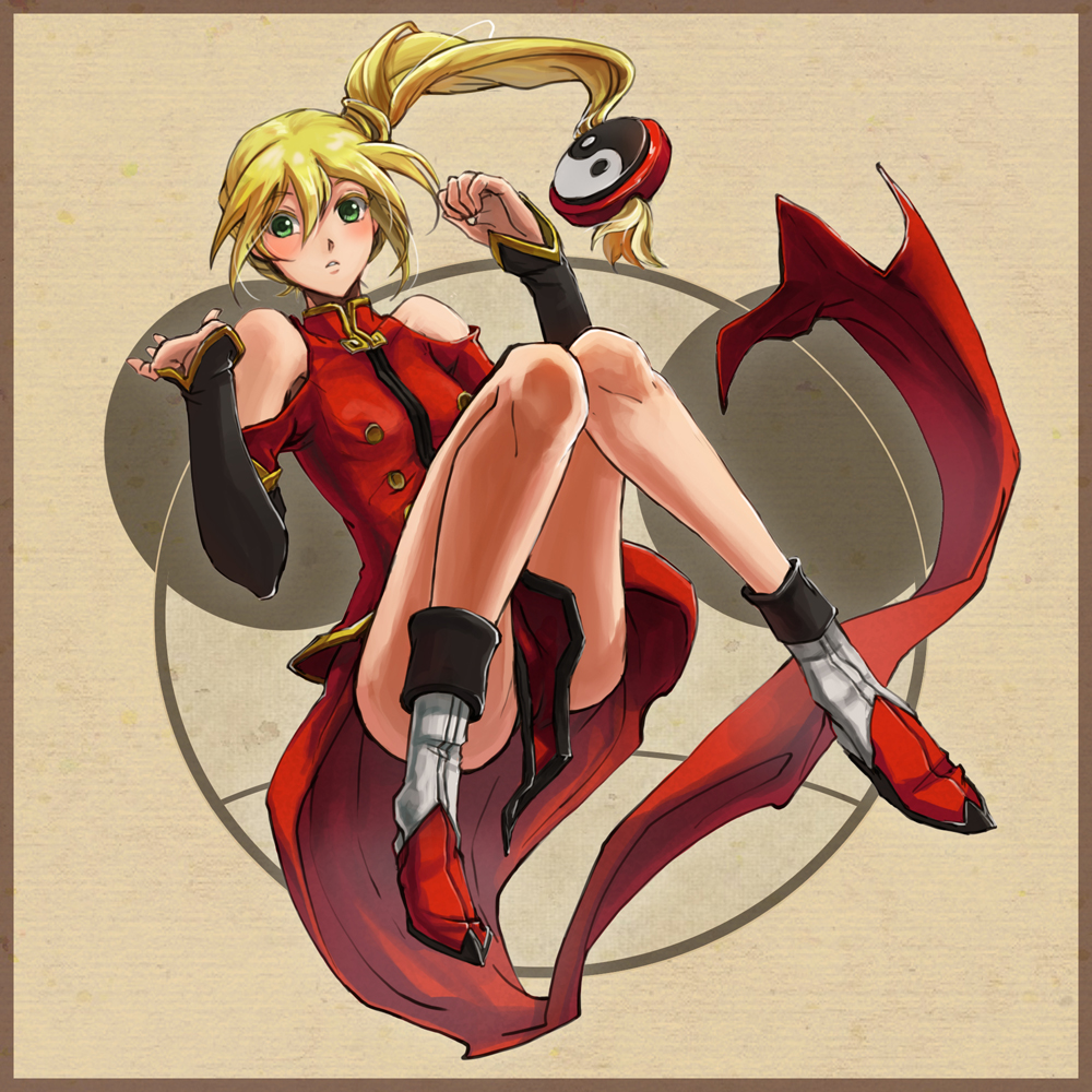 alternate_hairstyle bare_legs bare_shoulders blazblue blonde_hair blush_stickers boots chinese_clothes cosplay detached_sleeves green_eyes litchi_faye_ling litchi_faye_ling_(cosplay) long_hair noel_vermillion panda panties side_ponytail solo soojie_roh underwear yin_yang