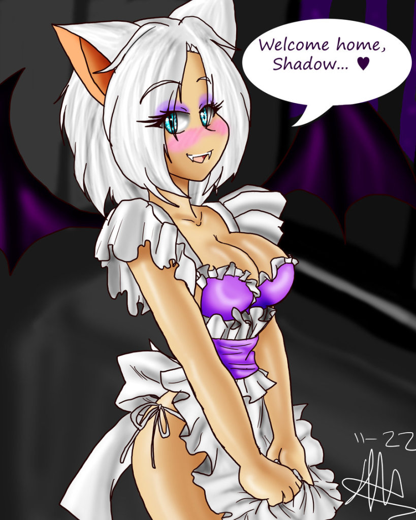 &hearts; bat blue_eyes blush breasts butt cleavage clothed clothing dialog dialogue fangs female hair maid maid_ourfit maid_uniform mammal mistressmotocaru rouge_the_bat sega solo sonic_(series) text uniform white_hair