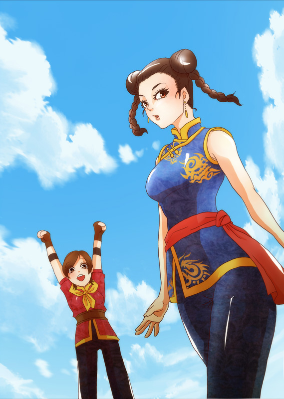 bad_id bad_pixiv_id bare_shoulders braid brown_hair china_dress chinese_clothes cloud cloudy_sky day double_bun dress earrings eileen_(virtua_fighter) elbow_pads fingerless_gloves gloves jewelry multiple_girls pai_chan sash sky twin_braids virtua_fighter