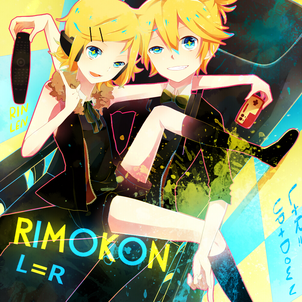 1boy 1girl achiki bad_id bad_pixiv_id blonde_hair blue_eyes boots bow bowtie brother_and_sister controller famicom game_console grin hair_ornament hair_ribbon hairclip kagamine_len kagamine_rin remote_control ribbon rimocon_(vocaloid) short_hair siblings smile twins vocaloid