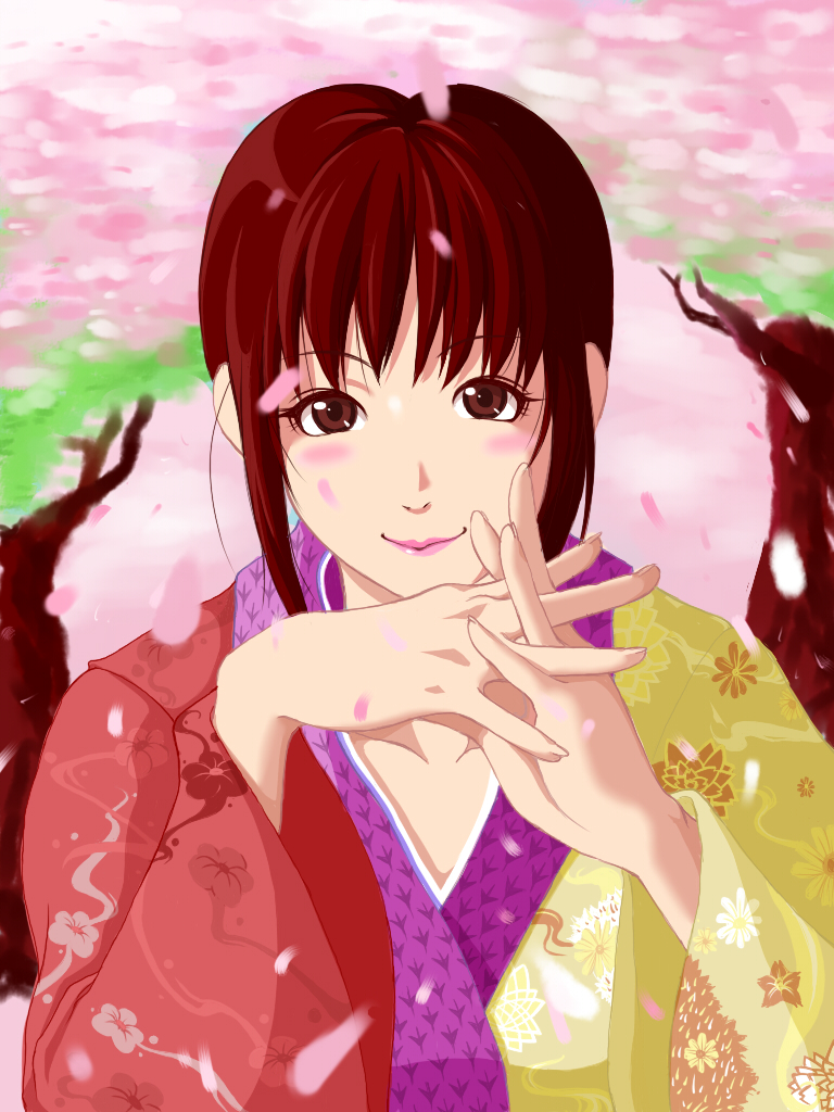 blush_stickers brown_eyes brown_hair cherry_blossoms japanese_clothes kimono lips petals pleasure-treasure sidelocks solo tree umenokouji_aoi virtua_fighter