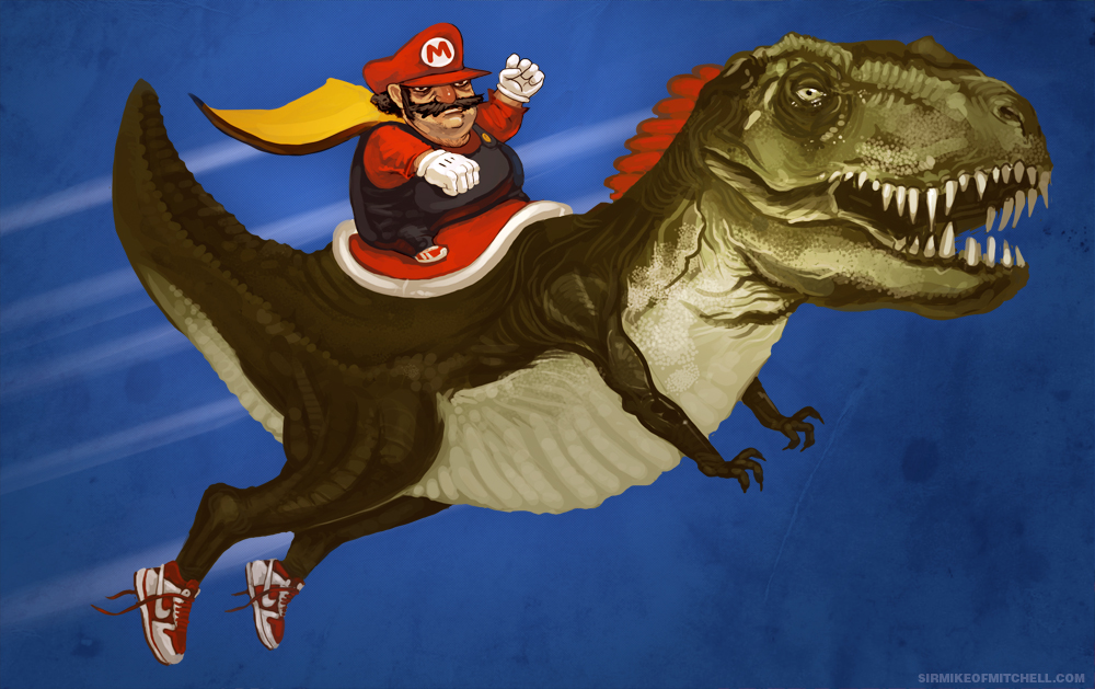 bad_deviantart_id bad_id cape dinosaur dinosaur_riding facial_hair fat fat_man gloves hat male_focus mario mario_(series) mike_mitchell mustache nike overalls riding shoes sneakers super_mario_bros. teeth watermark web_address what yoshi