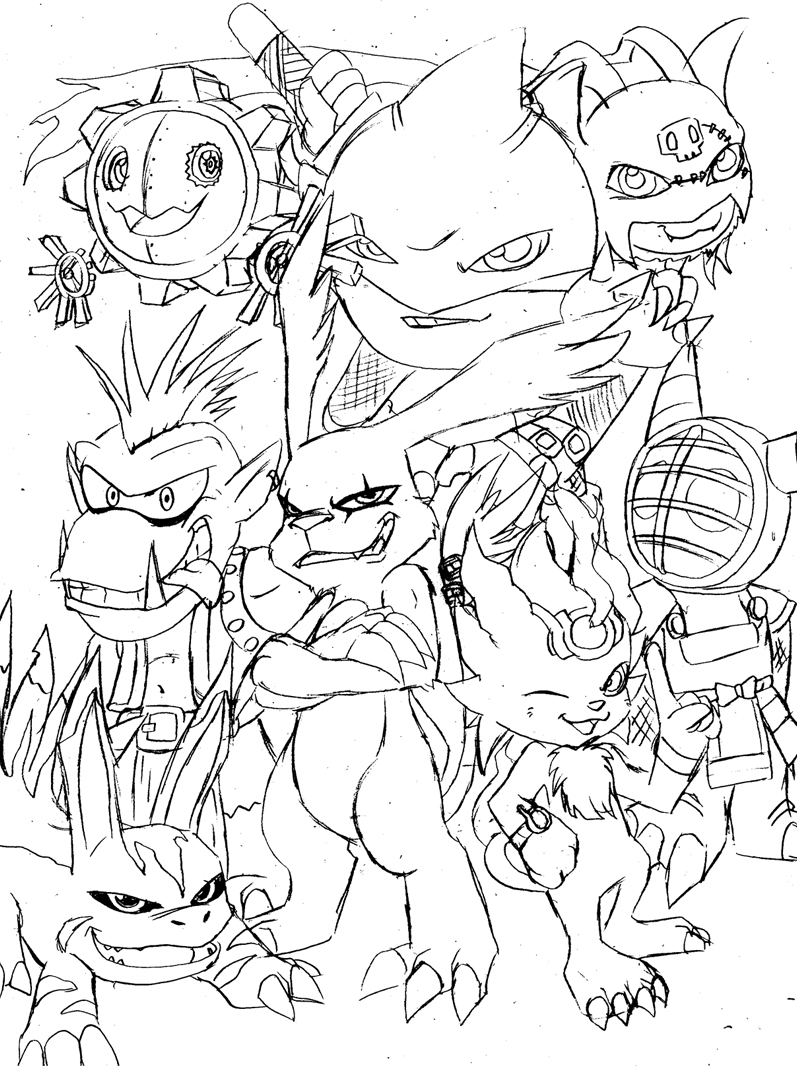 &gt;:p aceofabra black_and_white canine claws coronamon crossed_arms demidevimon digimon elecmon fangs gazimon gear gizamon goblimon goburimon group hagurumon happy helmet igamon kotemon machine male mammal mask mechanical monochrome ninjamon one_eye_closed picodevimon sketch teeth tongue tongue_out wink