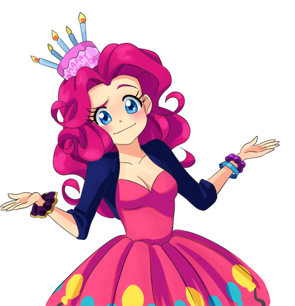 balloon blue_eyes blush bracelet breasts cake candle cleavage curly_hair food jewelry long_hair looking_at_viewer medium_breasts my_little_pony my_little_pony_friendship_is_magic personification pink_hair pinkie_pie raised_eyebrow semehammer shrug smile solo white_background