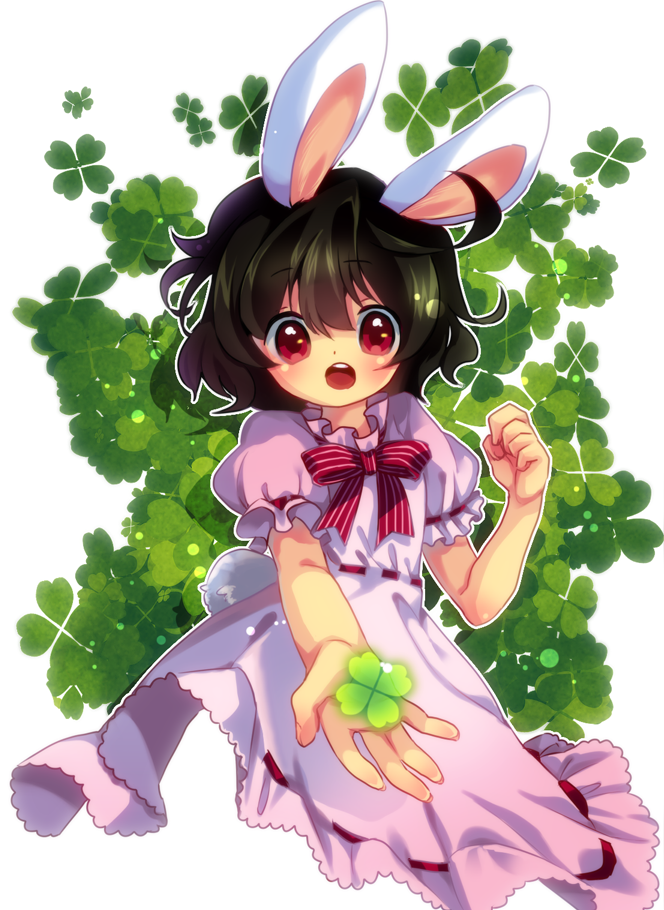 amo animal_ears black_hair blush bunny_ears bunny_tail clover dress four-leaf_clover gift holding holding_gift inaba_tewi incoming_gift looking_at_viewer messy_hair open_clothes outstretched_hand red_eyes short_hair solo tail touhou upper_body