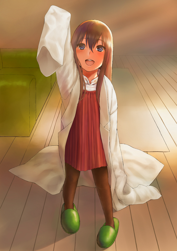 age_regression bad_id bad_pixiv_id blue_eyes brown_hair child commentary inuzuka_bouru labcoat long_hair makise_kurisu open_mouth oversized_clothes pantyhose sleeves_past_fingers sleeves_past_wrists slippers smile solo steins;gate younger