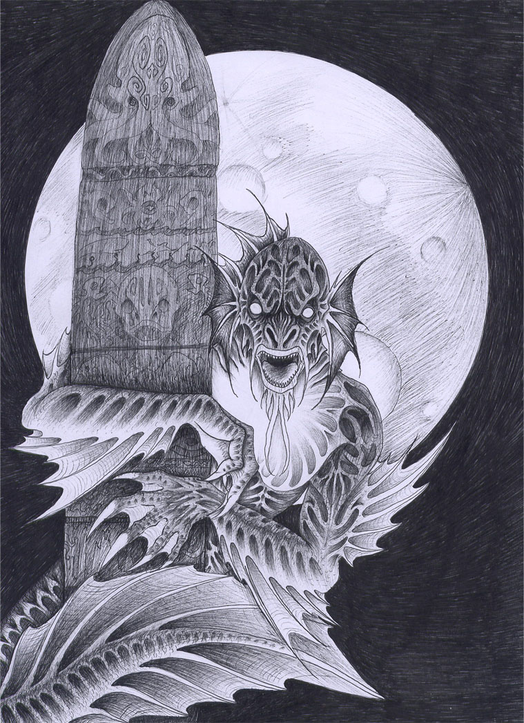 black_and_white claws cthulhu_mythos dagon embrace fins full_moon greyscale h.p._lovecraft line_art male markings monochrome moon naga open_mouth solo stone tail teeth verreaux white_eyes