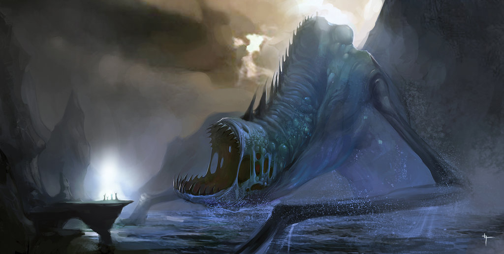 amazing_background cthulhu_mythos dagon gaping_maw green h.p._lovecraft male monster open_mouth outside solo teeth velvetcat wallpaper water