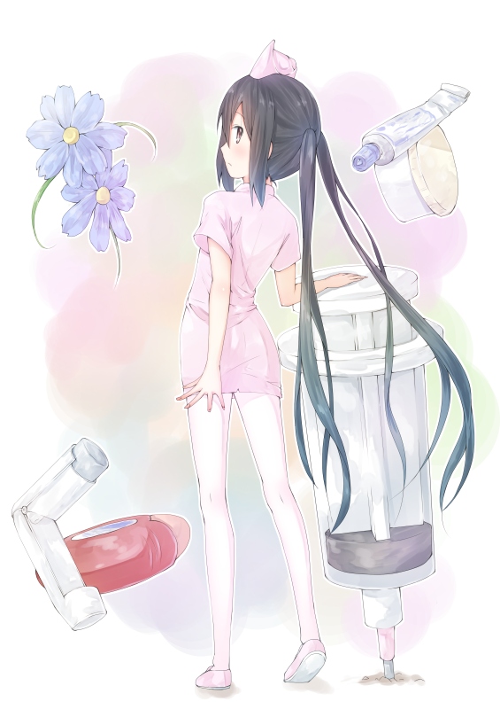 bad_id bad_pixiv_id banned_artist black_hair brown_eyes flower inhaler k-on! large_syringe long_hair looking_back mirai_(macharge) nakano_azusa nurse ointment oversized_object pantyhose solo syringe twintails