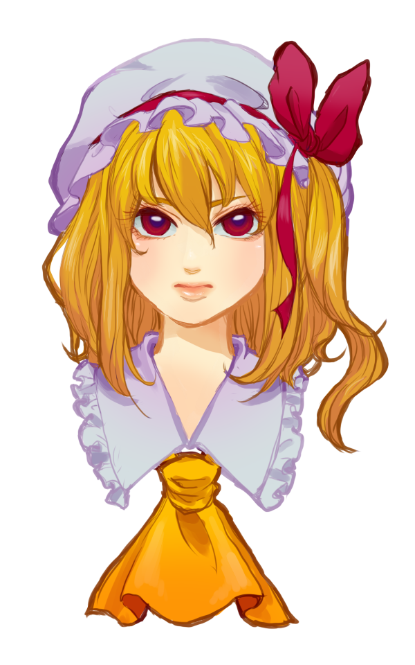 ascot bad_id bad_pixiv_id blonde_hair bow flandre_scarlet hair_bow hat hat_ribbon lips red_eyes ribbon side_ponytail solo touhou transparent_background upper_body yukito0514
