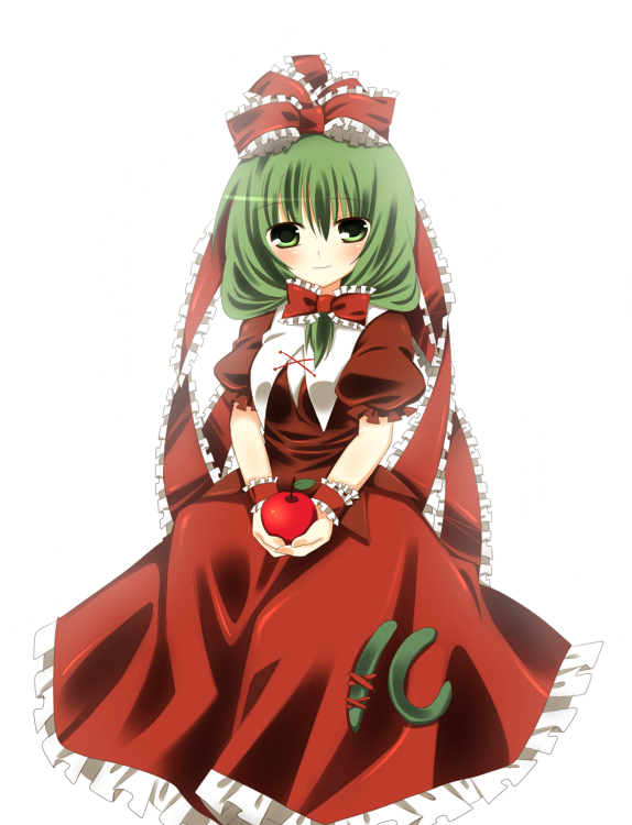 apple food front_ponytail fruit green_eyes green_hair holding holding_food holding_fruit kagiyama_hina solo sumisaki_yuzuna touhou