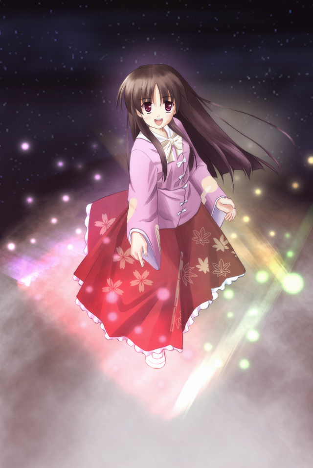 :d bangs black_hair bow floral_print from_above full_body glowing houraisan_kaguya leaf_print light_rays long_hair long_skirt long_sleeves looking_at_viewer looking_up magic open_mouth orino_yushi red_eyes red_skirt sidelocks skirt smile solo standing touhou very_long_hair
