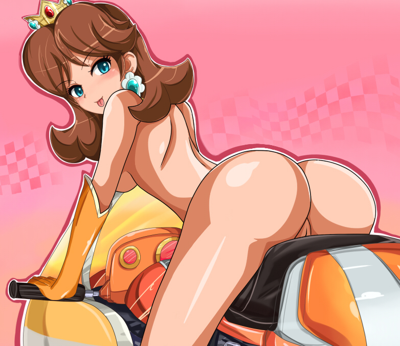 ass breasts brown_hair crown earrings gloves looking_back mario_kart naughty_face nintendo nude princess_daisy pussy sigurd_von_hosenfeld sigurdhosenfeld super_mario_bros. tongue