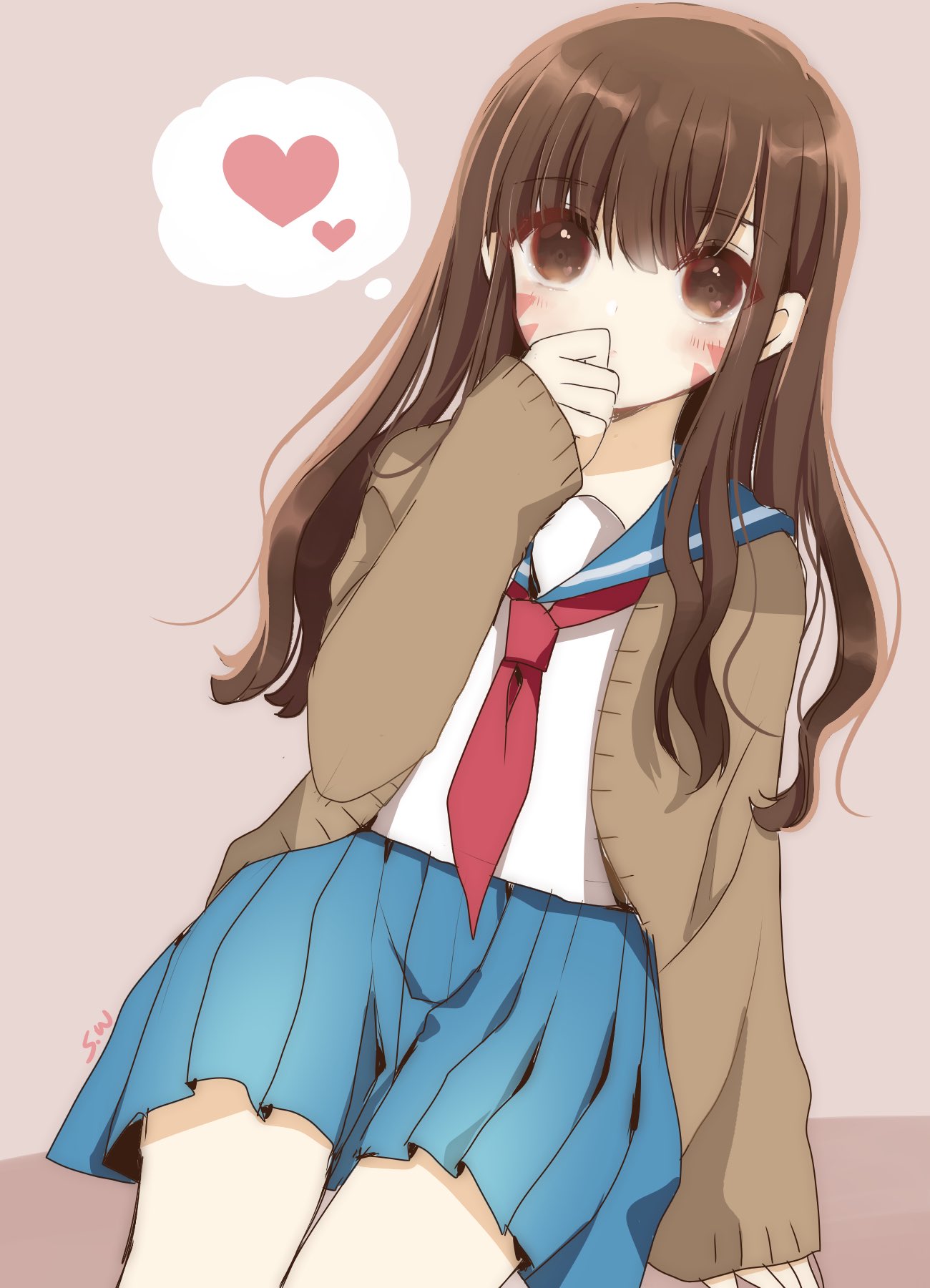 1girl atobesakunolove blue_sailor_collar blue_skirt blush brown_eyes brown_hair cardigan commentary_request covering_mouth d.va_(overwatch) eyebrows_visible_through_hair facial_mark hand_over_own_mouth heart highres long_hair necktie overwatch pink_background pleated_skirt red_neckwear sailor_collar shirt signature simple_background sitting skirt solo thought_bubble white_shirt