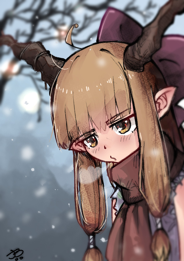 1girl ahoge bangs bow breath brown_eyes brown_hair hair_bow horns ibuki_suika jean_bomjan jitome long_hair oni_horns pointy_ears red_bow red_scarf scarf shirt signature sleeveless sleeveless_shirt snowing solo touhou tree upper_body