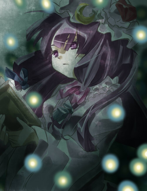blue_bow blurry book bow crescent crescent_moon_pin dark expressionless from_below hair_bow hat hat_ribbon holding holding_book light_particles long_hair long_sleeves looking_afar makako_(yume_bouei_shoujo_tai) mob_cap open_book pale_skin patchouli_knowledge pink_bow purple_eyes purple_hair red_bow ribbon solo touhou upper_body wide_sleeves