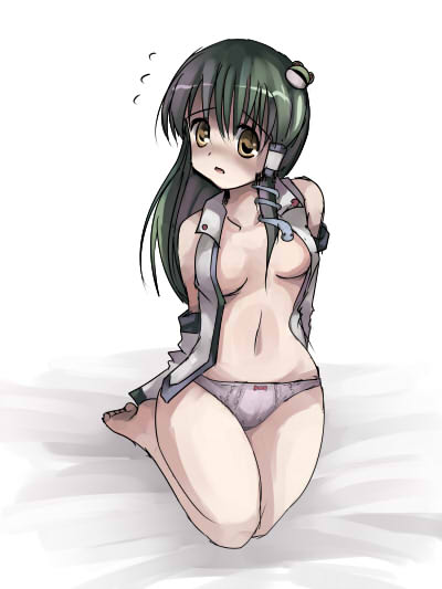 bangs bare_shoulders barefoot blush breasts d: detached_sleeves frog_hair_ornament full_body gatau green_hair hair_ornament hair_tubes hips kneeling kochiya_sanae long_hair looking_at_viewer medium_breasts navel no_bra no_pants nose_blush open_clothes open_mouth open_shirt panties shirt simple_background snake_hair_ornament solo straight_hair touhou underwear white_background white_panties yellow_eyes