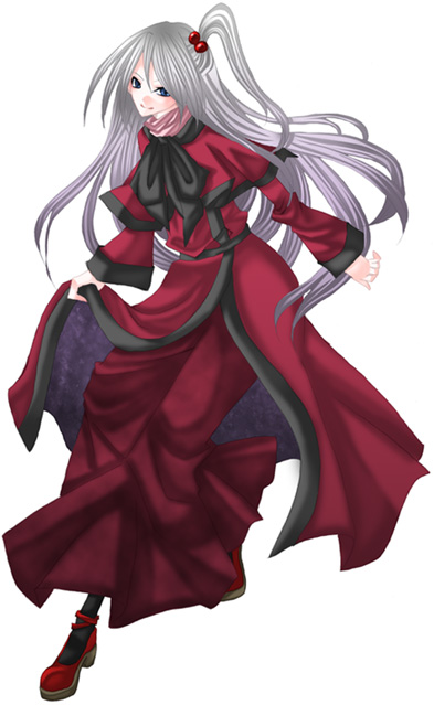 ankle_boots blue_eyes boots bow bowtie capelet dress full_body green_bow green_neckwear hair_bobbles hair_ornament himeka long_hair long_sleeves red_capelet red_dress shinki silver_hair simple_background smile solo touhou white_background