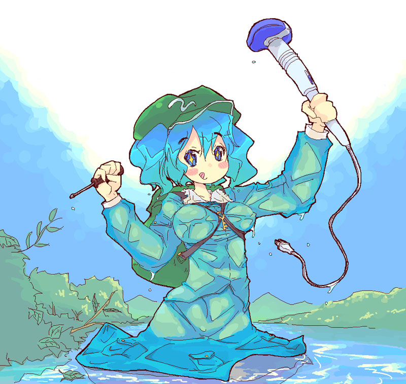 1girl :q backpack bag breasts covered_nipples electric_plug hat kawashiro_nitori key medium_breasts oekaki raina screwdriver solo tongue tongue_out tools touhou two_side_up underwater wet wet_clothes