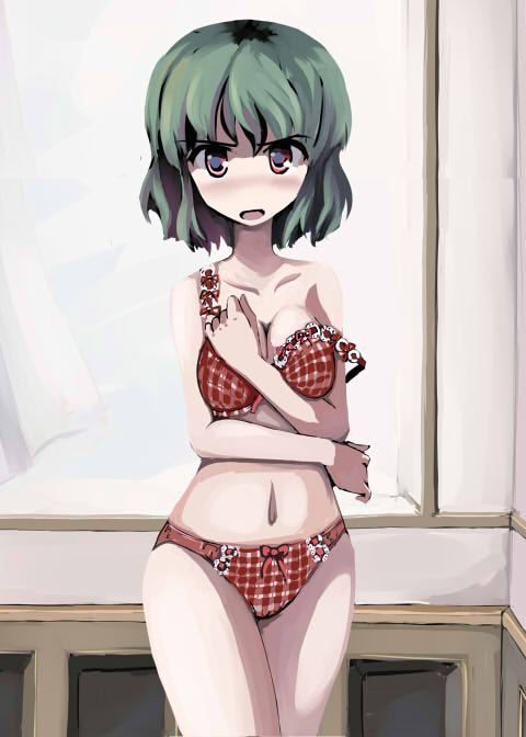 annoyed bangs blush bra breasts cleavage covering covering_breasts d: embarrassed frown gatau green_hair hips indoors kazami_yuuka lingerie looking_at_viewer medium_breasts navel nose_blush open_mouth panties plaid plaid_bra plaid_panties red_eyes short_hair solo standing stomach strap_slip touhou underwear underwear_only v-shaped_eyebrows wide_hips