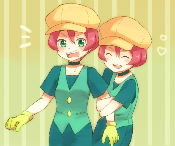 2girls choker dual_persona gloves green_eyes hat langley_(pokemon) multiple_girls pokemon red_hair twin zorua