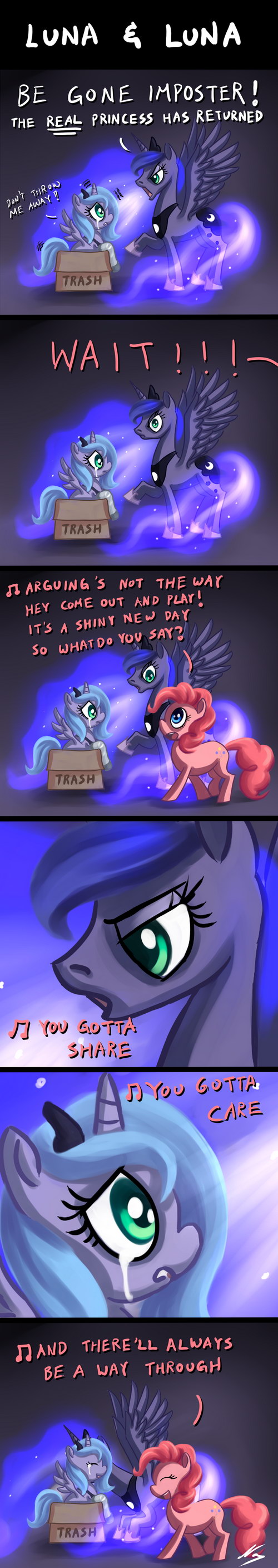 alicorn blue_hair comic crown crying cute cutie_mark english_text equine eyewear fear female feral friendship_is_magic fur green_eyes group hair horn horse hug long_hair mammal multi-colored_hair my_little_pony pegacorn pegasus pink_fur pink_hair pinkie_pie_(mlp) plain_background pony princess_luna_(mlp) singing smile tail tears text unicorn unknown_artist winged_unicorn wings