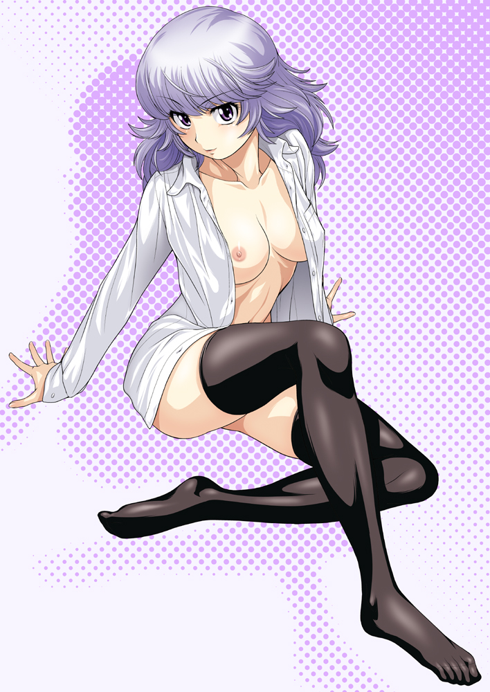 areolae black_legwear bottomless breasts convenient_leg kouda_tomohiro large_breasts legs light_smile long_hair looking_at_viewer naked_shirt nipples no_shoes older open_clothes open_shirt purple_eyes sannomiya_shiho shirt silver_hair solo thighhighs thighs white_shirt zettai_karen_children