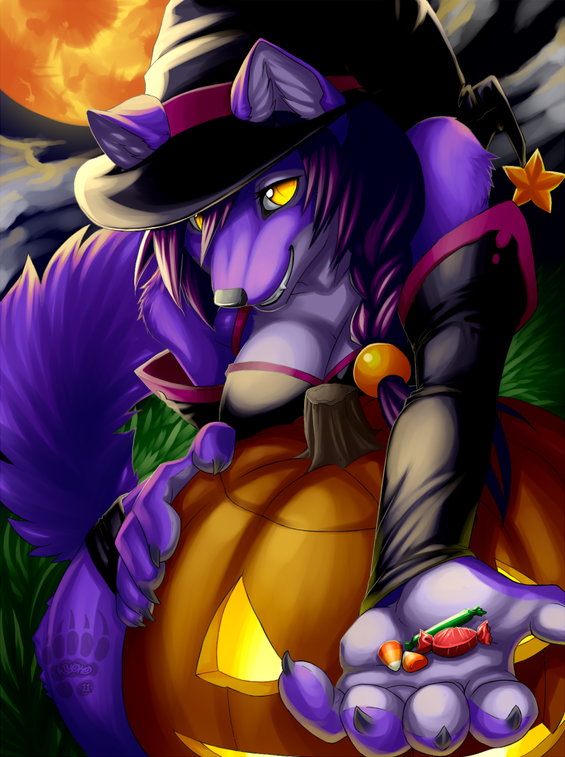 aiyoko braid breasts candy canine claws cleavage clothed clothing detached_sleeves female fur hair halloween hat holidays jack_o'_lantern jack_o'_lantern looking_at_viewer magic_user mammal mischievous moon naughty_face paws pumpkin purple_fur purple_hair smile solo star tail teeth witch witch_hat wolf yellow_eyes