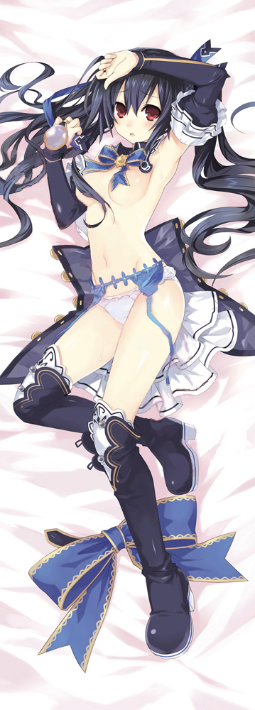 :o arm_up armpits bangs bed_sheet black_footwear black_hair blue_bow blue_neckwear blue_ribbon blush boots bow bowtie breasts bridal_gauntlets choujigen_game_neptune convenient_censoring dakimakura detached_collar embarrassed frilled_panties frilled_skirt frilled_sleeves frills from_above from_side full_body garter_belt garter_straps hair_between_eyes hair_ornament hand_up high_heel_boots high_heels holding holding_ribbon long_hair long_sleeves looking_at_viewer lying medium_breasts miniskirt navel neptune_(series) noire official_art on_back on_bed open_clothes open_mouth panties puffy_sleeves raised_eyebrows red_eyes ribbon shiny shiny_skin skirt skirt_removed solo sweat thigh_boots thighhighs topless tsunako twintails unbuttoned underwear underwear_only undressing untied very_long_hair wavy_hair white_panties white_skirt