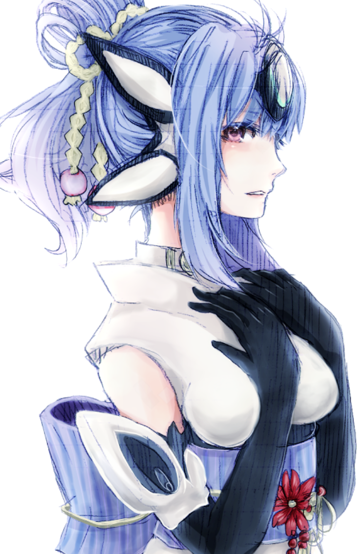 alternate_costume alternate_hairstyle bad_id bad_pixiv_id blue_hair breasts cropped elbow_gloves gloves hair_bun hands_on_own_chest japanese_clothes kimono kos-mos kos-mos_ver._4 looking_at_viewer medium_breasts shino_haruto simple_background sketch solo upper_body white_background xenosaga xenosaga_episode_iii