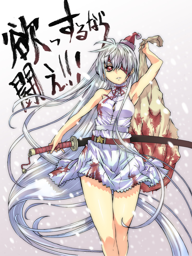 arm_up armpits bare_shoulders belt bleeding blood blood_stain bloody_clothes eyepatch halter_top halterneck hat katana long_hair nagy open_mouth original red_eyes ribbon sack santa_hat silver_hair skirt solo standing sword very_long_hair weapon