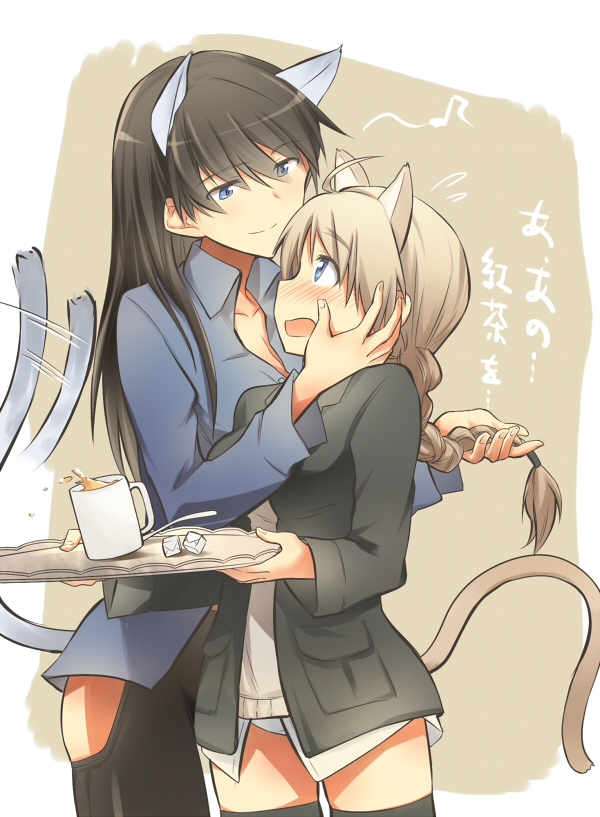 adolfine_galland animal_ears black_hair blue_eyes blush braid brown_hair cup dress_shirt hip_vent long_hair lynette_bishop multiple_girls no_pants open_mouth panties pants shirt single_braid smile spoon strike_witches tail tail_wagging tea thighhighs translated tray tsuchii_(ramakifrau) underwear world_witches_series yuri