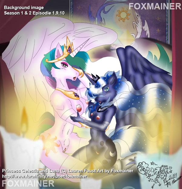 alicorn anthrofied big_breasts breasts crown cutie_mark equine female foxmainer friendship_is_magic horn horse lesbian mammal my_little_pony nipples nude pony princess_celestia_(mlp) princess_luna_(mlp) pussy signature winged_unicorn wings