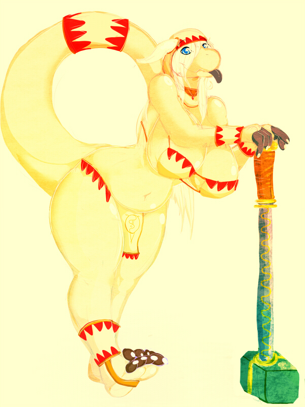 big_breasts blue_eyes breasts chubby clothed clothing dragon dripdry female hammer herro hindpaw milf mother parent paws plain_background scalie skimpy tongue tongue_out white_mage