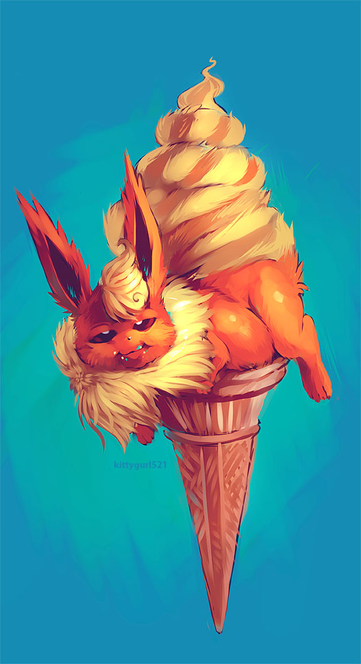 black_eyes blonde_hair eeveelution feral flareon full fur hair ice_cream_cone kittygurl521 looking_at_viewer lying nintendo pok&#233;mon pok&eacute;mon red_fur solo tail video_games