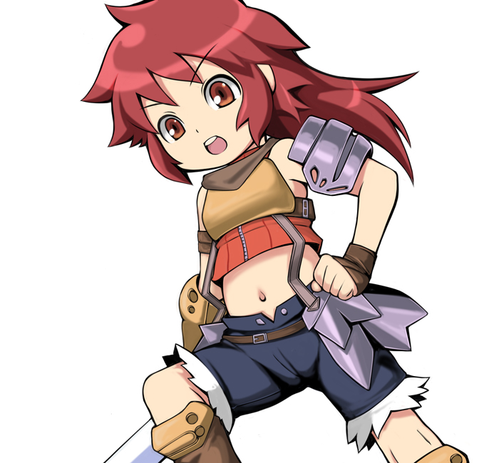 :o armband armor bangs bare_shoulders belt cameltoe crop_top denim denim_shorts e10 fingerless_gloves flat_chest gloves hand_on_hip kneehighs long_hair looking_at_viewer midriff navel open_fly open_mouth orange_eyes red_hair scarf sekaiju_no_meikyuu shorts simple_background solo spread_legs strap sword swordsman_(sekaiju) torn_clothes turtleneck unzipped weapon zipper