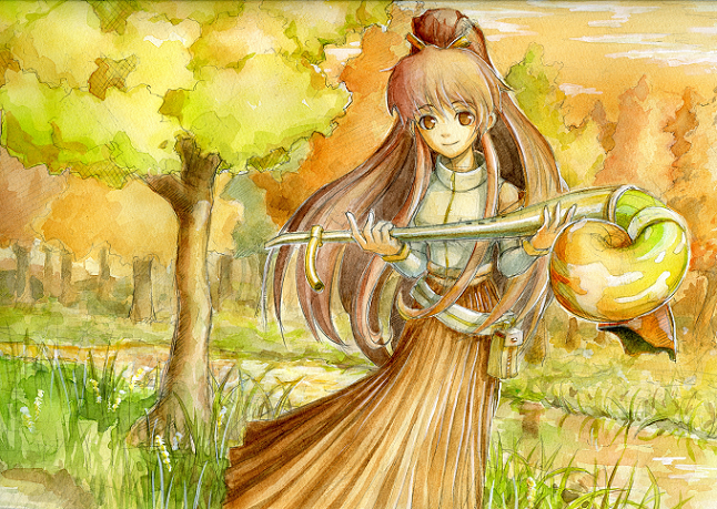 brown_hair copyright_request instrument long_hair nature risu solo