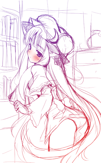 adapted_costume ass blush capelet crescent dress from_behind gradient hat long_hair looking_back monochrome patchouli_knowledge r-type_nirvana short_dress sketch solo souryuu touhou very_long_hair