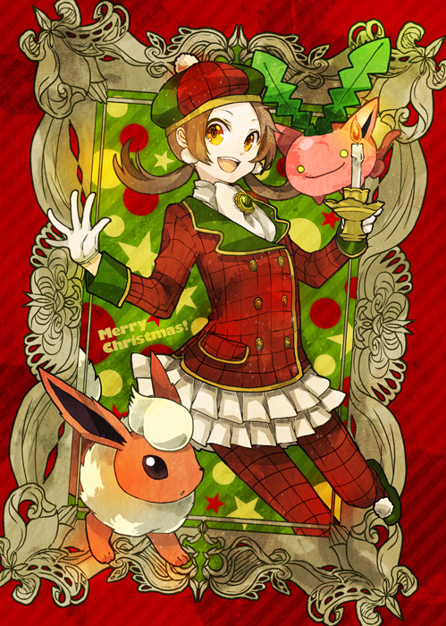 :d alternate_costume ascot brooch brown_hair buzz candle christmas coat creature earrings flareon frame frilled_skirt frills gen_1_pokemon gen_2_pokemon gloves hat hoppip jewelry kotone_(pokemon) long_sleeves looking_at_viewer merry_christmas open_mouth orange_eyes pantyhose plaid pleated_skirt pokemon pokemon_(creature) pokemon_(game) pokemon_hgss red red_legwear skirt smile twintails white_gloves