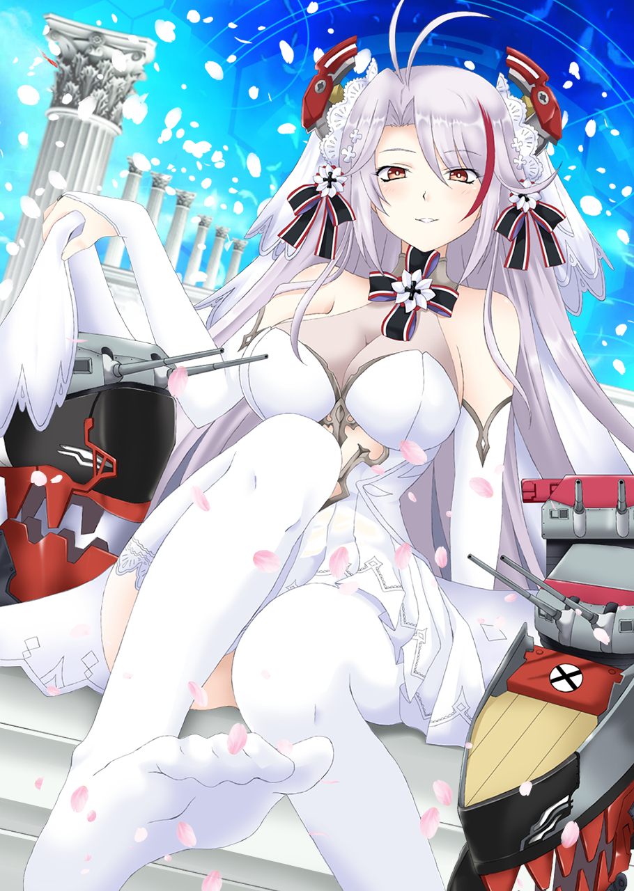 1girl antenna_hair azur_lane bangs bare_shoulders blush breasts bridal_gauntlets bridal_veil cleavage commentary_request dress elbow_gloves eyebrows_visible_through_hair feet gloves headgear highres kagura_ittou large_breasts long_hair looking_at_viewer multicolored_hair parted_lips petals prinz_eugen_(azur_lane) prinz_eugen_(symphonic_fate)_(azur_lane) red_hair silver_hair sitting smile solo streaked_hair swept_bangs thighhighs veil very_long_hair wedding_dress white_dress white_gloves white_legwear