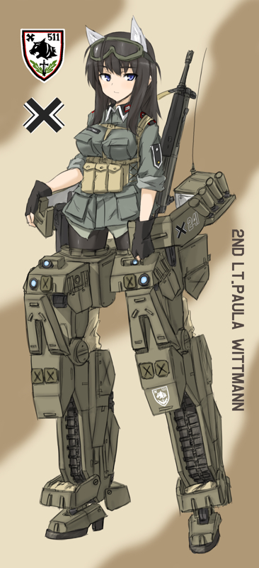 adapted_object animal_ears bad_id bad_pixiv_id battle_rifle between_breasts black_hair blue_eyes breasts character_name character_portrait commentary dakku_(ogitsune) emblem fingerless_gloves fox_ears full_body gloves goggles goggles_on_head gun h&amp;k_g3 karlsland leopard_2_(personification) load_bearing_equipment long_hair looking_at_viewer mecha_musume military military_uniform pantyhose personification rifle sleeves_rolled_up sling_(weapon) solo standing strike_witches_1991 striker_unit uniform weapon world_witches_series
