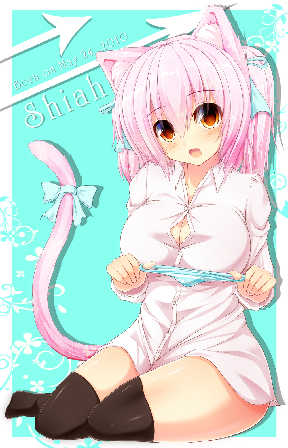 animal_ears breasts brown_eyes cat_ears cat_tail cleavage dress_shirt fang highres large_breasts original panties panties_removed pink_hair shia_flatpaddy shirt sitting solo striped striped_panties syroh tail thighhighs underwear