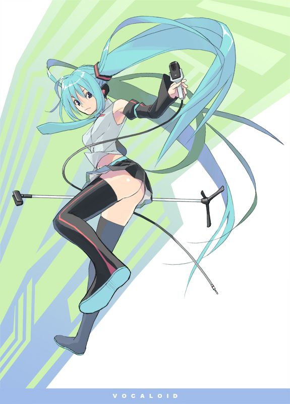 1girl aqua_hair armpits ass bad_id bad_pixiv_id detached_sleeves hatsune_miku long_hair microphone microphone_stand midriff necktie solo thighhighs twintails upskirt very_long_hair vocaloid